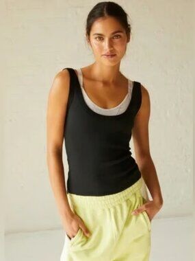 FREE PEOPLE FP MOVEMENT BLACK RIBBED STEP ONE TANK TOP NEW SCOOP FRONT BACK S